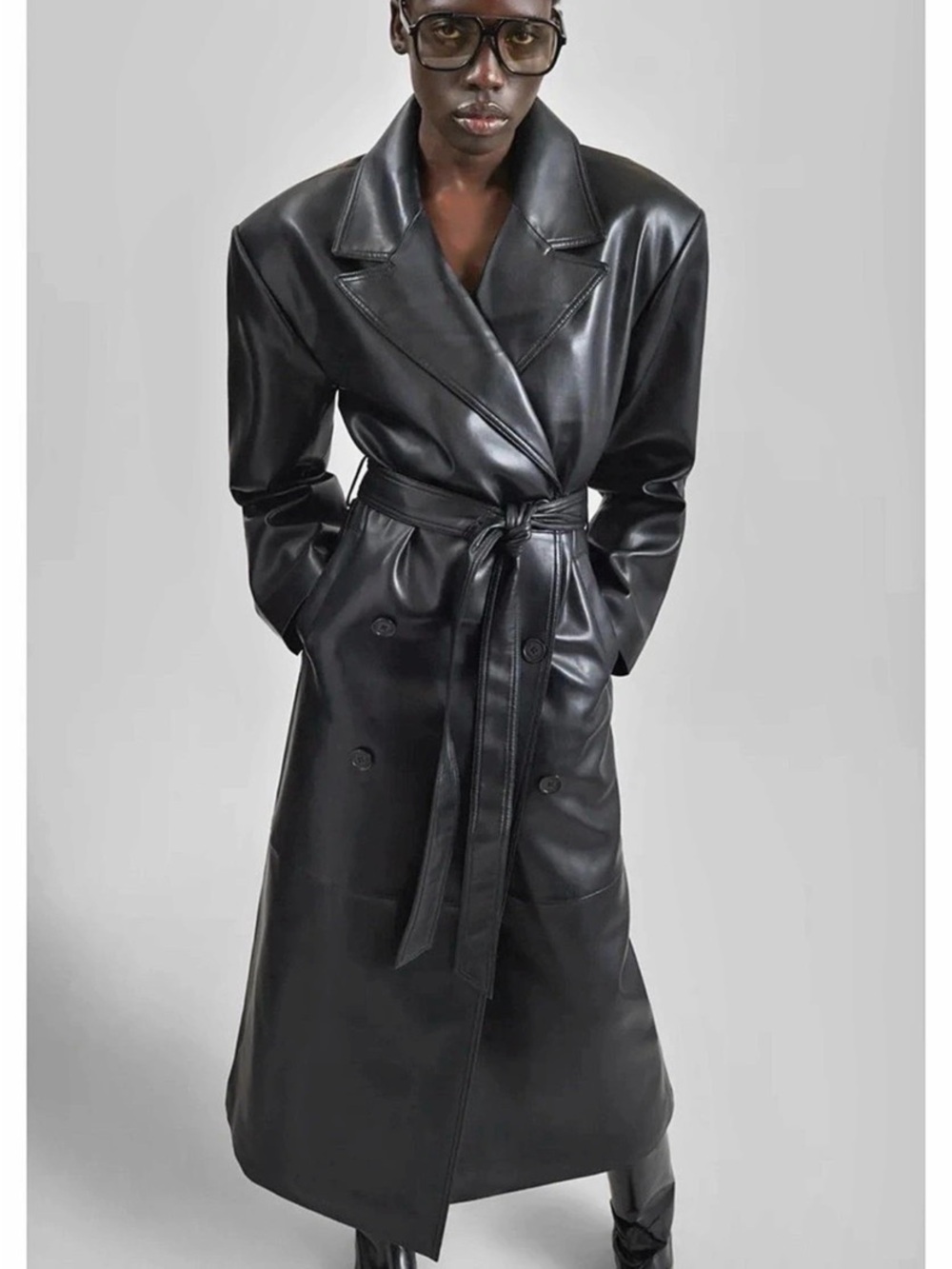 The Frankie Shop Tina Faux Leather Trench Coat Black